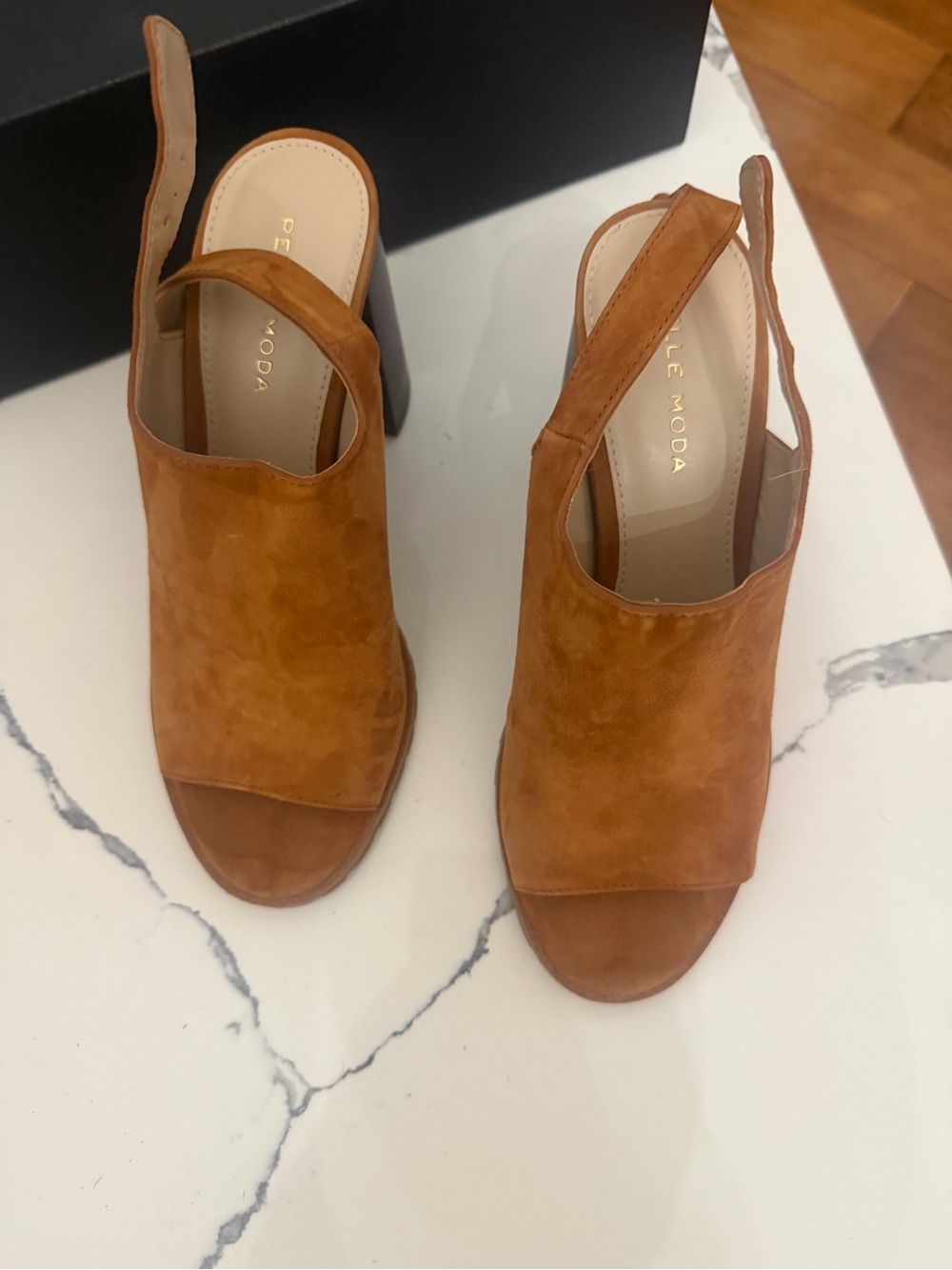 Pelle Moda Cognac Suede Peep-Toe Slingback Block Heels